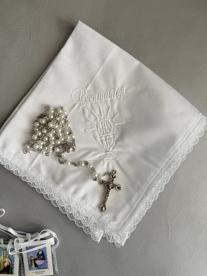 Memories First Holy Communion Set for Boys or Girls Book Rosary Scapular Pin Certificate Handkerchief