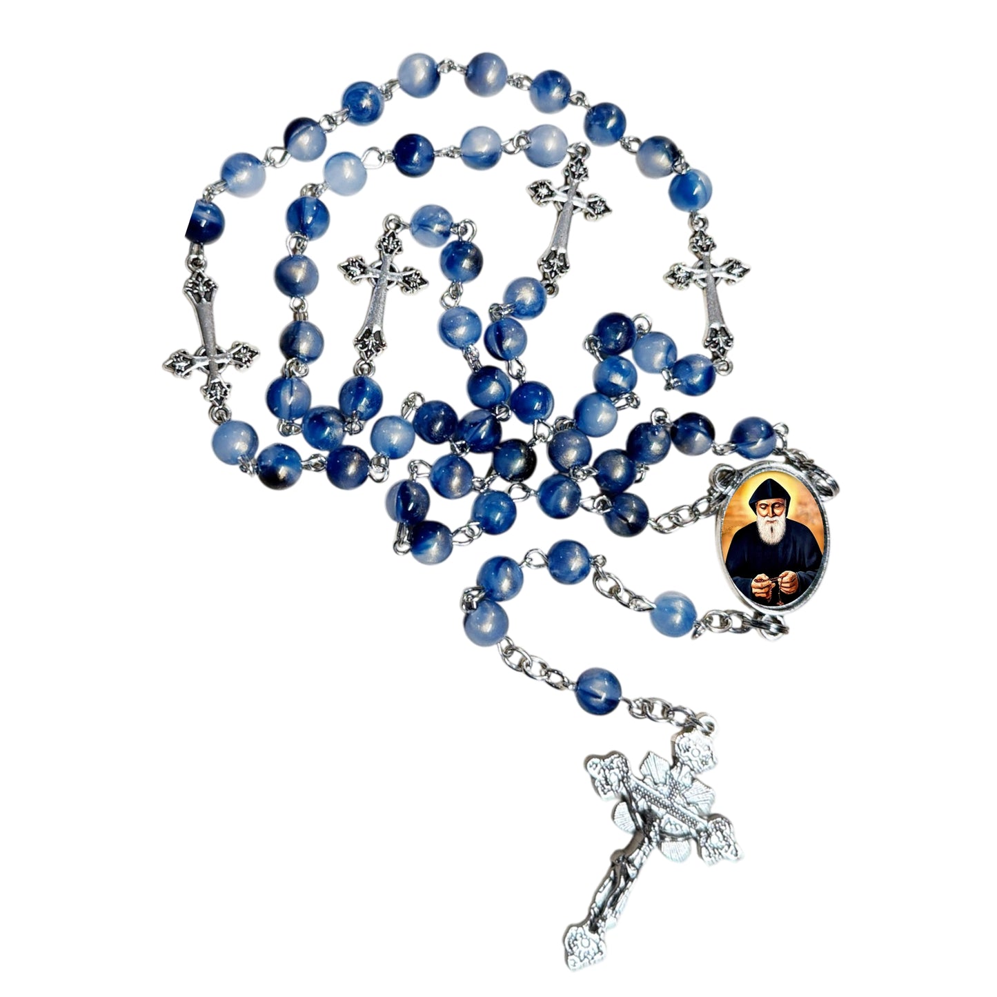 Charbel Makhlouf The Miracle Monk of Lebanon - Handcrafted Blue Crystal Rosary with Silver‑Plated Crucifix and Color Image Centerpiece – Cross Pater Nosters and Prayer Card Included