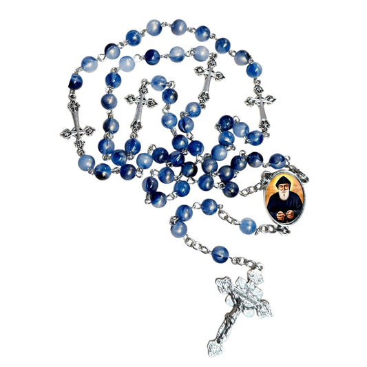 Charbel Makhlouf The Miracle Monk of Lebanon - Handcrafted Blue Crystal Rosary with Silver‑Plated Crucifix and Color Image Centerpiece – Cross Pater Nosters and Prayer Card Included