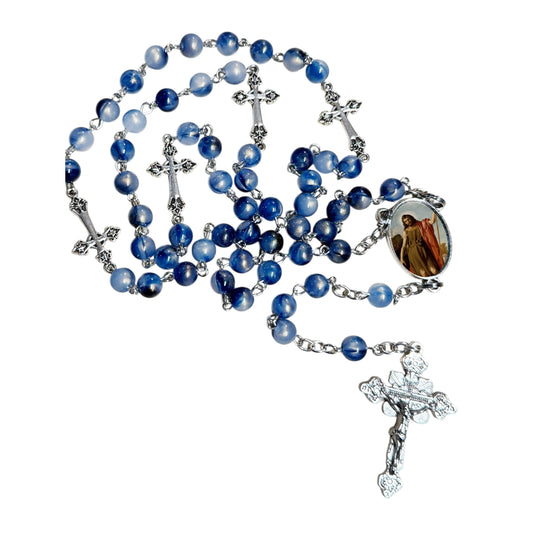 Saint John the Baptist Handcrafted Blue Crystal Rosary with Silver‑Plated crucifix and Color Image Centerpiece – Cross Pater Nosters and Prayer Card Included