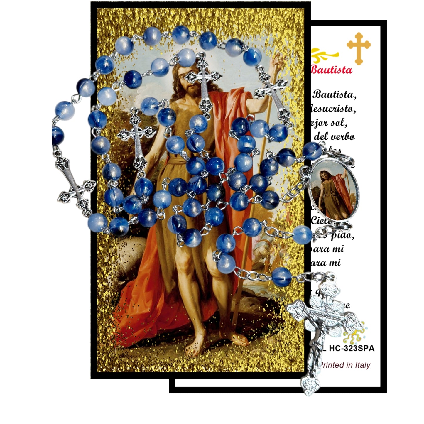 Saint John the Baptist Handcrafted Blue Crystal Rosary with Silver‑Plated crucifix and Color Image Centerpiece – Cross Pater Nosters and Prayer Card Included
