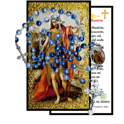 Saint John the Baptist Handcrafted Blue Crystal Rosary with Silver‑Plated crucifix and Color Image Centerpiece – Cross Pater Nosters and Prayer Card Included