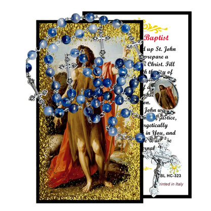 Saint John the Baptist Handcrafted Blue Crystal Rosary with Silver‑Plated crucifix and Color Image Centerpiece – Cross Pater Nosters and Prayer Card Included