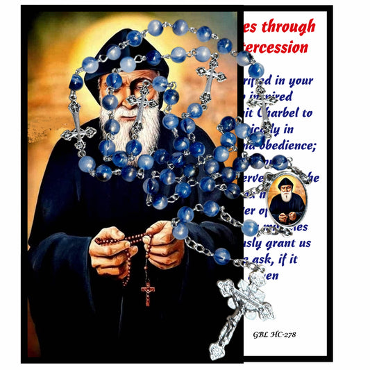 Charbel Makhlouf The Miracle Monk of Lebanon - Handcrafted Blue Crystal Rosary with Silver‑Plated Crucifix and Color Image Centerpiece – Cross Pater Nosters and Prayer Card Included