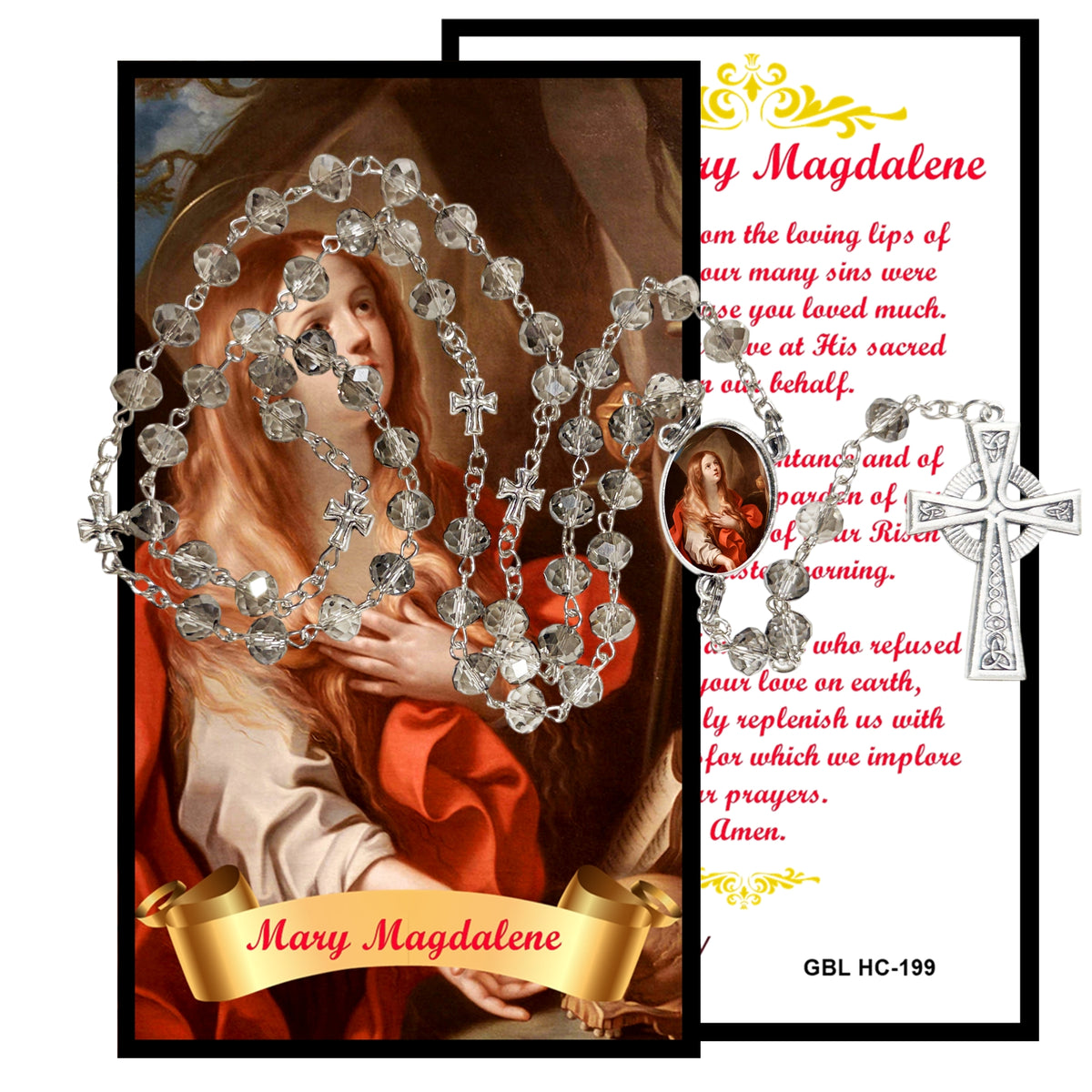 Santa Maria Magdalena Handcrafted Smoke Quartz Crystal Rosary with Silver‑Plated Crucifix and Color Image Centerpiece – Cross Pater Nosters and Prayer Card Included