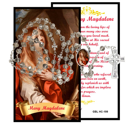 Santa Maria Magdalena Handcrafted Smoke Quartz Crystal Rosary with Silver‑Plated Crucifix and Color Image Centerpiece – Cross Pater Nosters and Prayer Card Included
