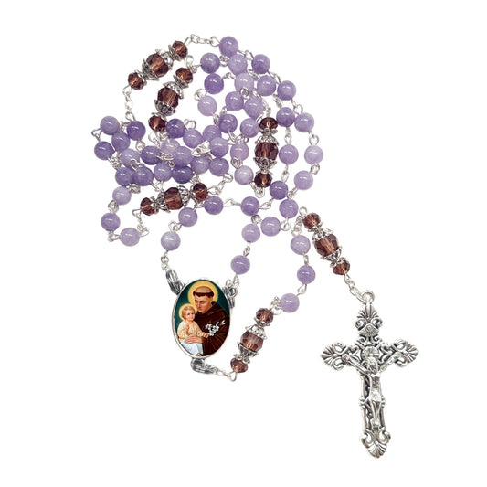 Saint Anthony of Padua San Antonio de Padua Lavender Rosary with Amethyst Pater Noster Beads Silver Bezel Centerpiece with Color Image and a Prayer Card English or Spanish