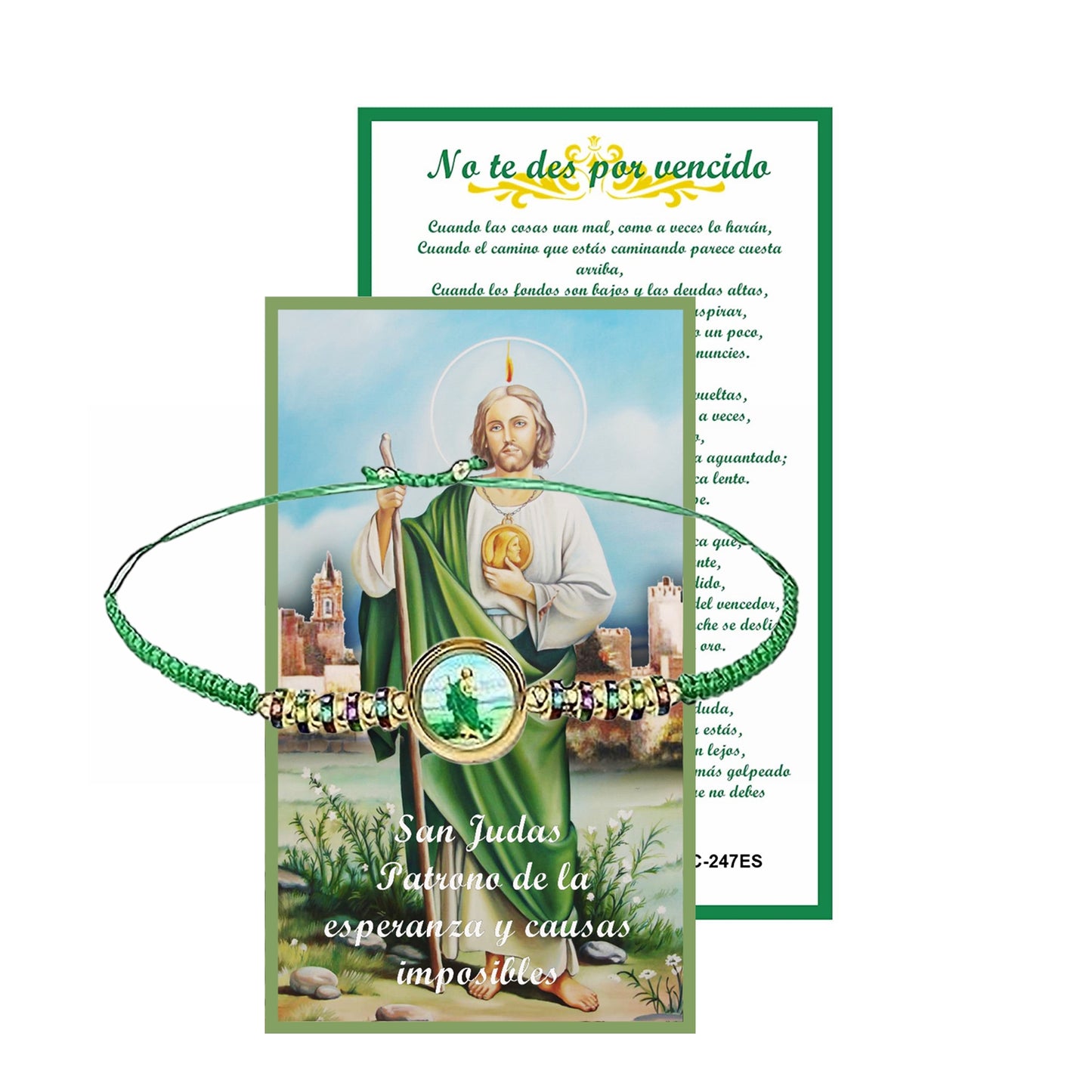 Saint Jude Leather Bracelet with Macrame Knot Clasp color centerpiece includes prayer card English or Spanish San Judas Pulsera de cuero con cierre de nudo de macramé incluye tarjeta de oración en inglés o español