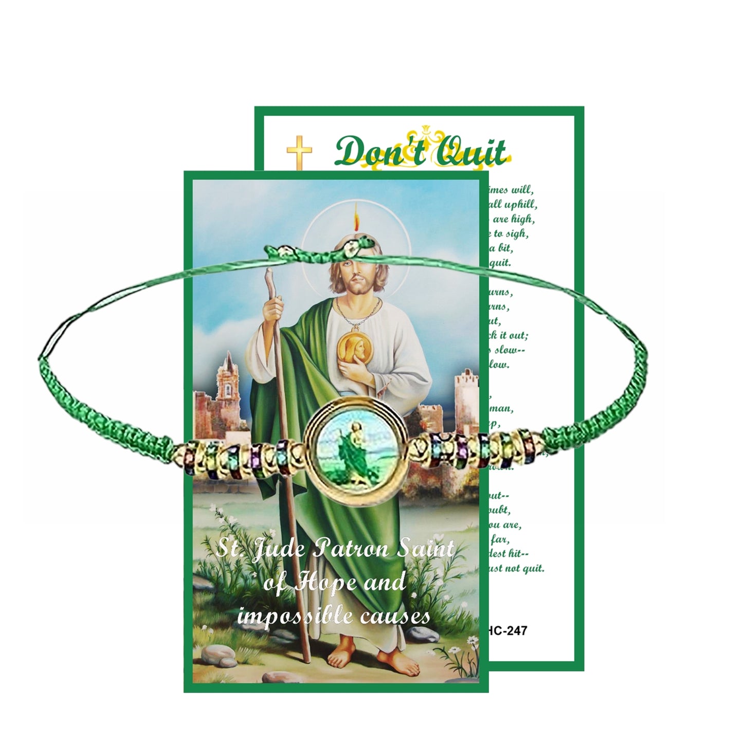 Saint Jude Leather Bracelet with Macrame Knot Clasp color centerpiece includes prayer card English or Spanish San Judas Pulsera de cuero con cierre de nudo de macramé incluye tarjeta de oración en inglés o español
