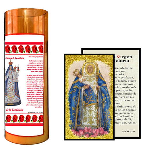 La Virgen de la Candelaria Flameless LED Acrylic Pillar Candle with Flickering Flame Battery Operated great for places where an open flame is not allowed hospitals nursing homes dorms-Batteries included