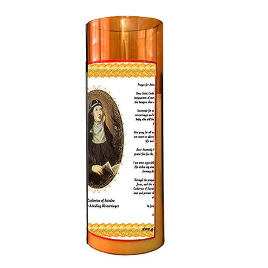Saint Catherine of Sweden Flameless LED Acrylic Pillar Candle with Flickering Flame Battery Operated great for places where an open flame is not allowed hospitals nursing homes dorms-Batteries included