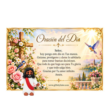 Catholic Daily Prayer Card with Mini Jesus Figurine – Today's Prayer Christian Gift Set, Inspirational Religious Desk Decor, Morning Prayer Keepsake