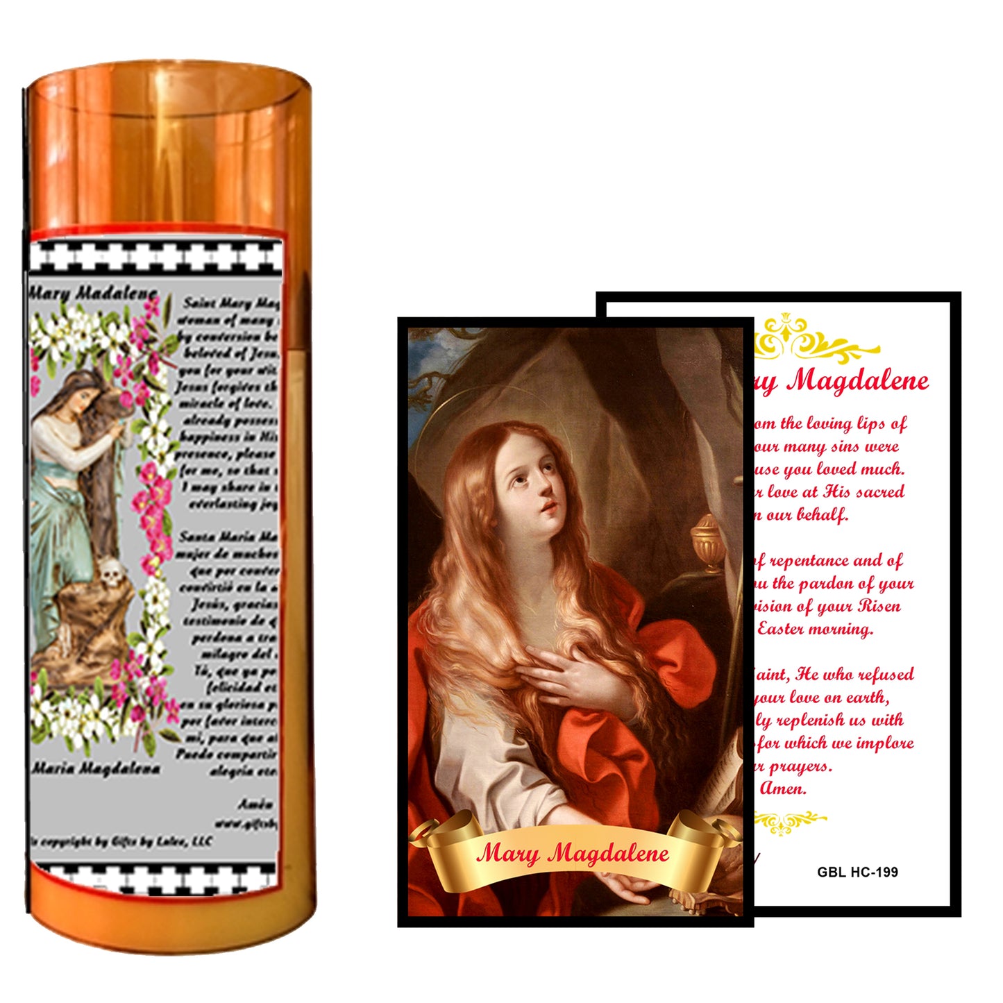 Saint Mary Magdalene LED Acrylic Pillar Candle with Flickering Flame Battery Operated great for places where an open flame is not allowed hospitals nursing homes dorms-Batteries included