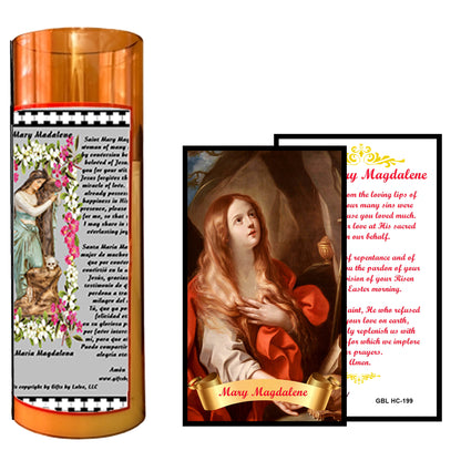 Saint Mary Magdalene LED Acrylic Pillar Candle with Flickering Flame Battery Operated great for places where an open flame is not allowed hospitals nursing homes dorms-Batteries included
