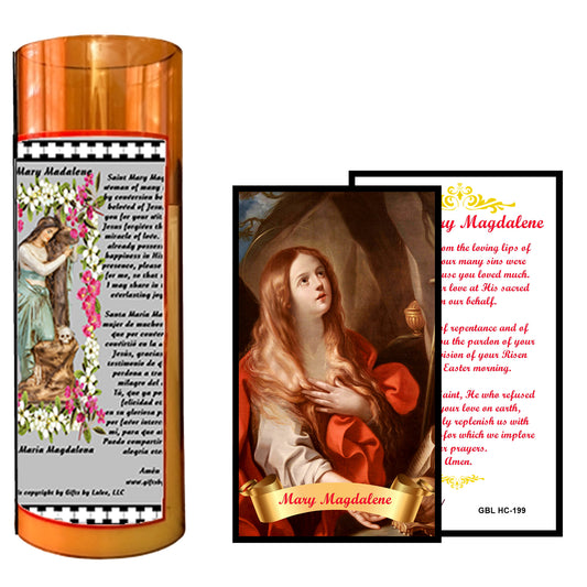 Saint Mary Magdalene LED Acrylic Pillar Candle with Flickering Flame Battery Operated great for places where an open flame is not allowed hospitals nursing homes dorms-Batteries included