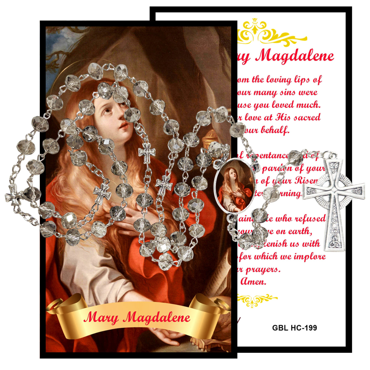 Santa Maria Magdalena Handcrafted Smoke Quartz Crystal Rosary with Silver‑Plated Crucifix and Color Image Centerpiece – Cross Pater Nosters and Prayer Card Included