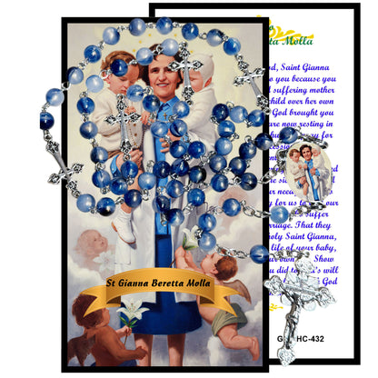 Saint Gianna Beretta Molla Pediatrician and Pro-Life Advocate Handcrafted Blue Crystal Rosary with Silver-Plated Crucifix, Color Image Centerpiece and Prayer Card
