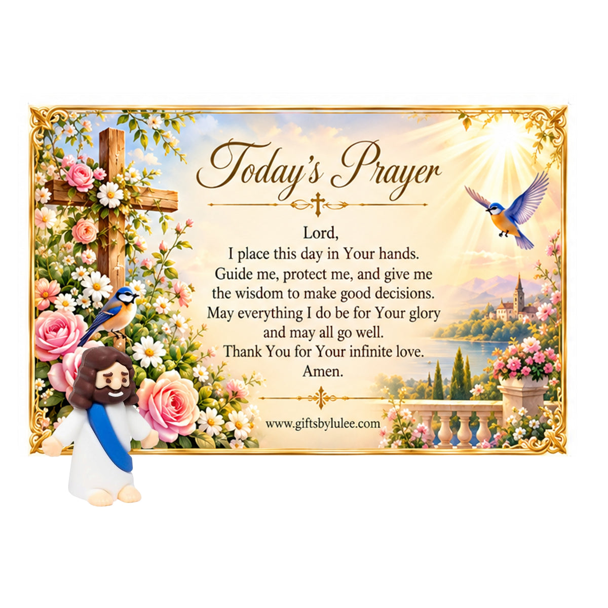 Catholic Daily Prayer Card with Mini Jesus Figurine – Today's Prayer Christian Gift Set, Inspirational Religious Desk Decor, Morning Prayer Keepsake
