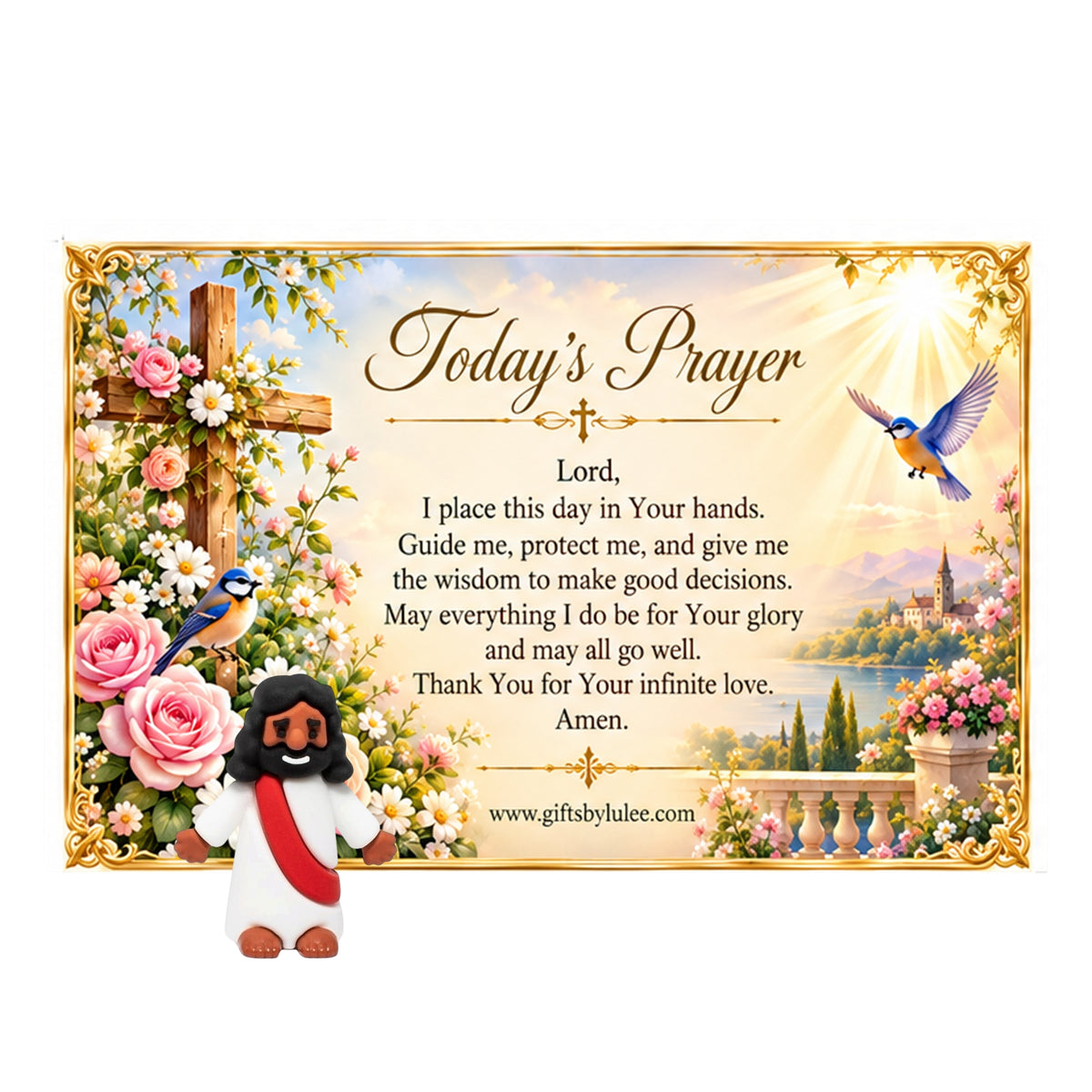 Catholic Daily Prayer Card with Mini Jesus Figurine – Today's Prayer Christian Gift Set, Inspirational Religious Desk Decor, Morning Prayer Keepsake