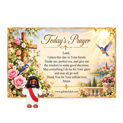 Catholic Daily Prayer Card with Mini Jesus Figurine – Today's Prayer Christian Gift Set, Inspirational Religious Desk Decor, Morning Prayer Keepsake