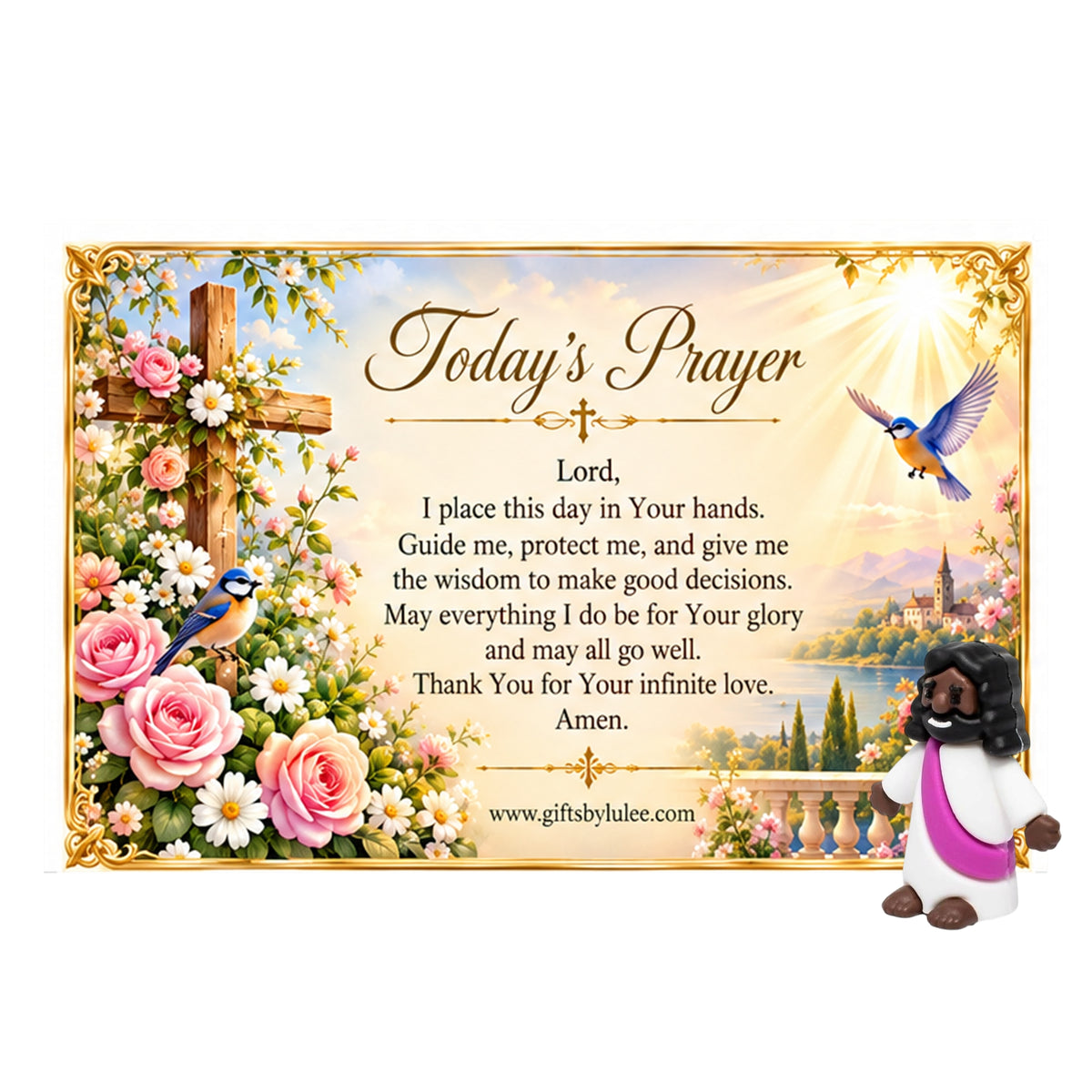 Catholic Daily Prayer Card with Mini Jesus Figurine – Today's Prayer Christian Gift Set, Inspirational Religious Desk Decor, Morning Prayer Keepsake