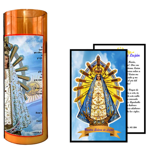 Our Lady of Luján LED Acrylic Pillar Candle with Flickering Flame Battery Operated great for places where an open flame is not allowed hospitals nursing homes dorms-Batteries included
