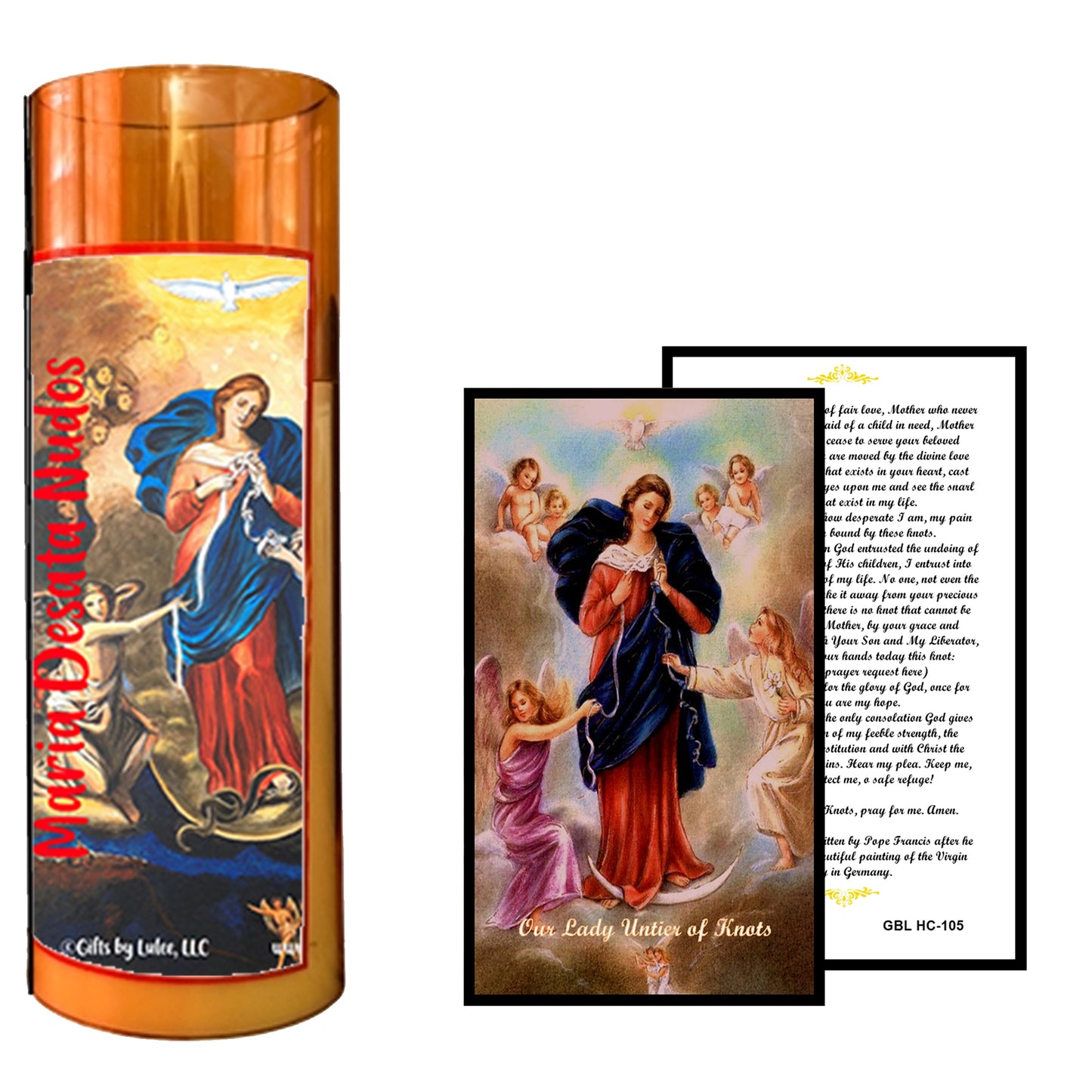 Our Lady of Knots La Virgen Desatanudos LED Acrylic Pillar Candle with Flickering Flame Battery Operated great for places where an open flame is not allowed hospitals nursing homes dorms-Batteries included