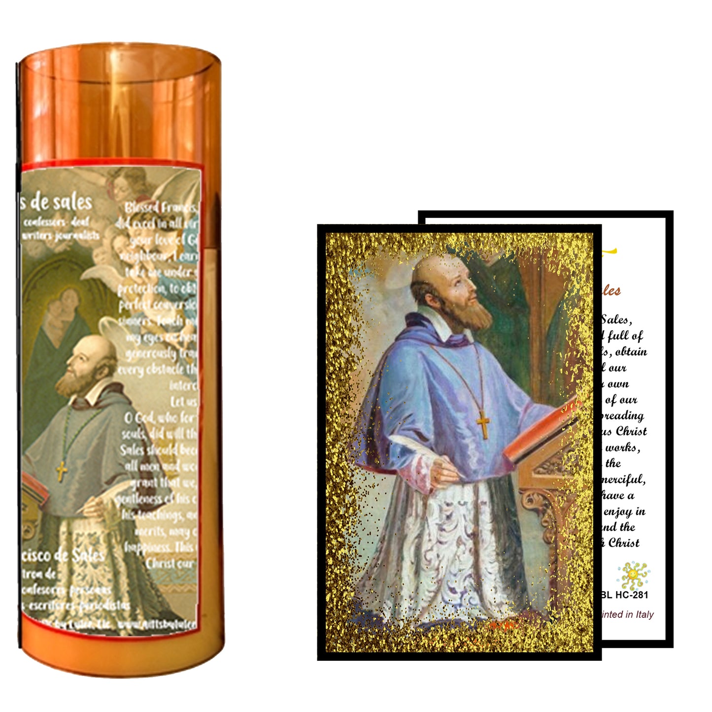 Saint Francis de Sales LED Acrylic Pillar Candle with Flickering Flame Battery Operated great for places where an open flame is not allowed hospitals nursing homes dorms-Batteries included