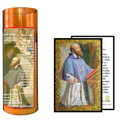 Saint Francis de Sales LED Acrylic Pillar Candle with Flickering Flame Battery Operated great for places where an open flame is not allowed hospitals nursing homes dorms-Batteries included