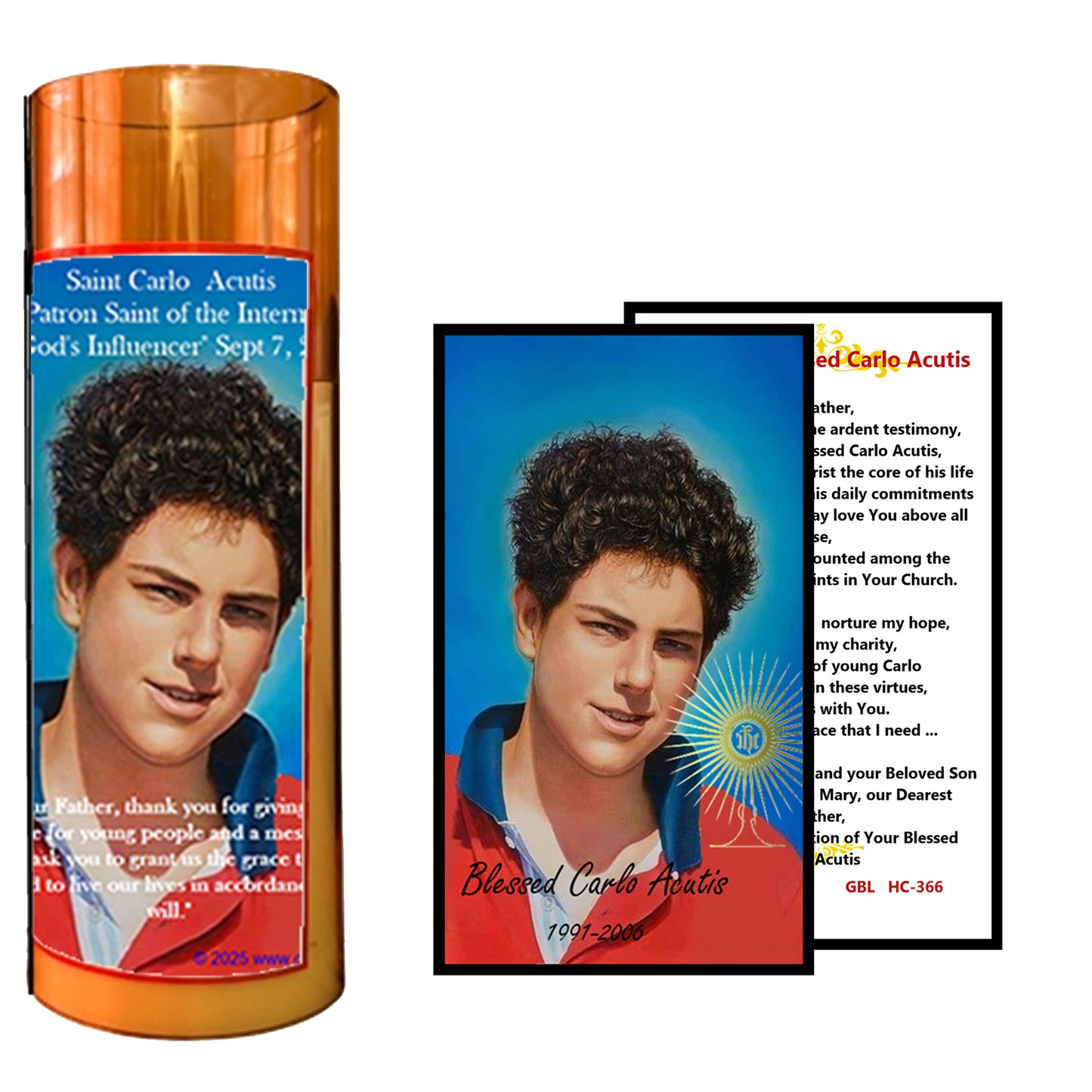 Saint Carlo Acutis LED Acrylic Pillar Candle with Flickering Flame Battery Operated great for places where an open flame is not allowed hospitals nursing homes dorms-Batteries included