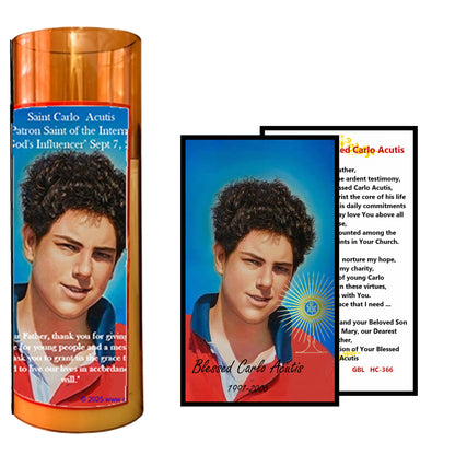 Saint Carlo Acutis LED Acrylic Pillar Candle with Flickering Flame Battery Operated great for places where an open flame is not allowed hospitals nursing homes dorms-Batteries included