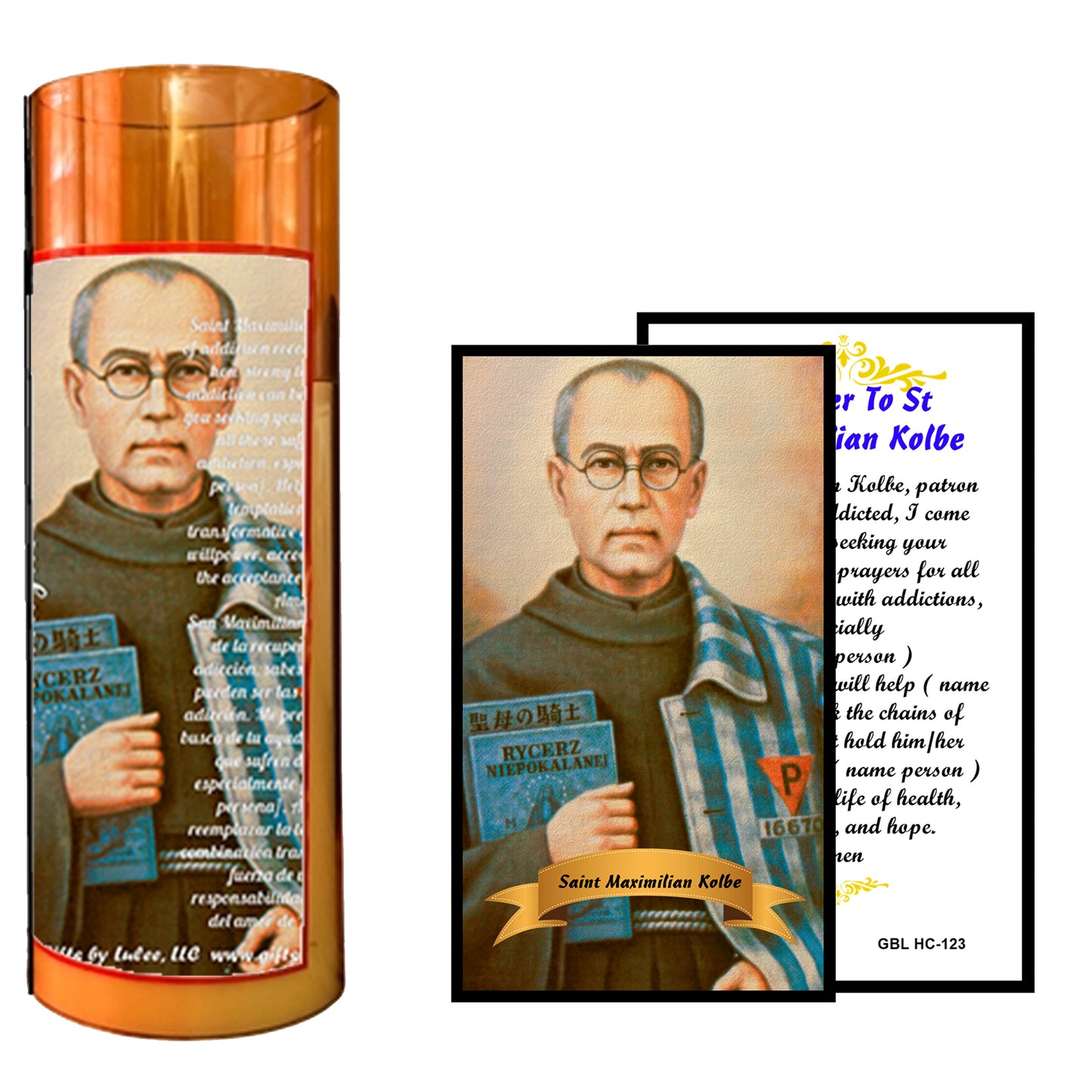 Saint Maximilian Kolbe LED Acrylic Pillar Candle with Flickering Flame Battery Operated great for places where an open flame is not allowed hospitals nursing homes dorms-Batteries included