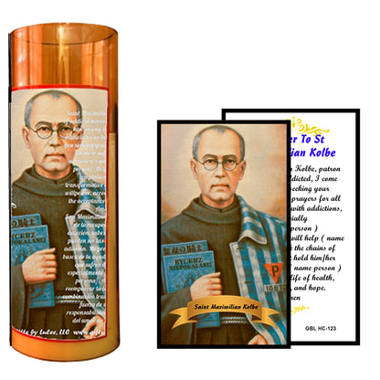 Saint Maximilian Kolbe LED Acrylic Pillar Candle with Flickering Flame Battery Operated great for places where an open flame is not allowed hospitals nursing homes dorms-Batteries included