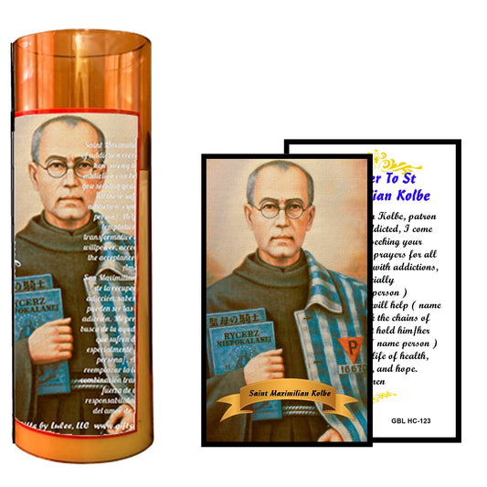 Saint Maximilian Kolbe LED Acrylic Pillar Candle with Flickering Flame Battery Operated great for places where an open flame is not allowed hospitals nursing homes dorms-Batteries included