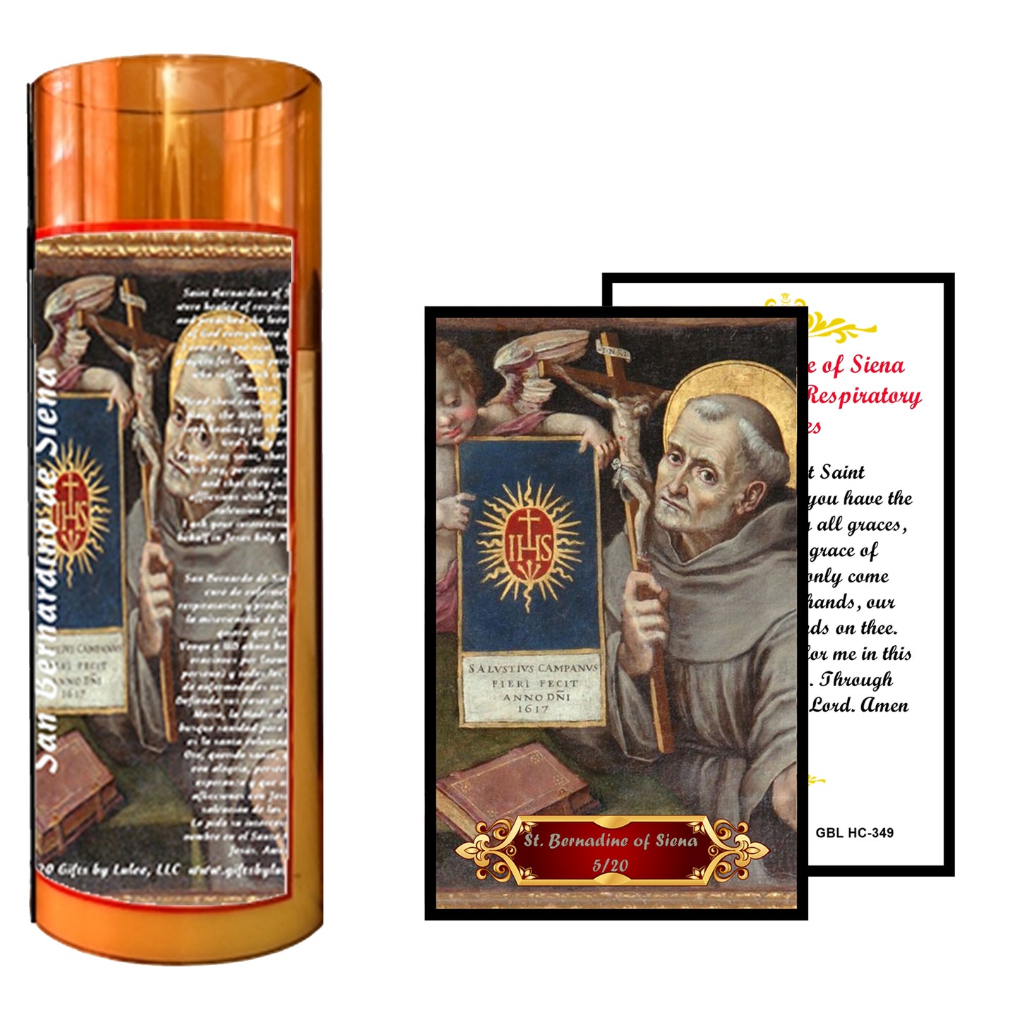 Saint Bernardino of Siena LED Acrylic Pillar Candle with Flickering Flame Battery Operated great for places where an open flame is not allowed hospitals nursing homes dorms-Batteries included