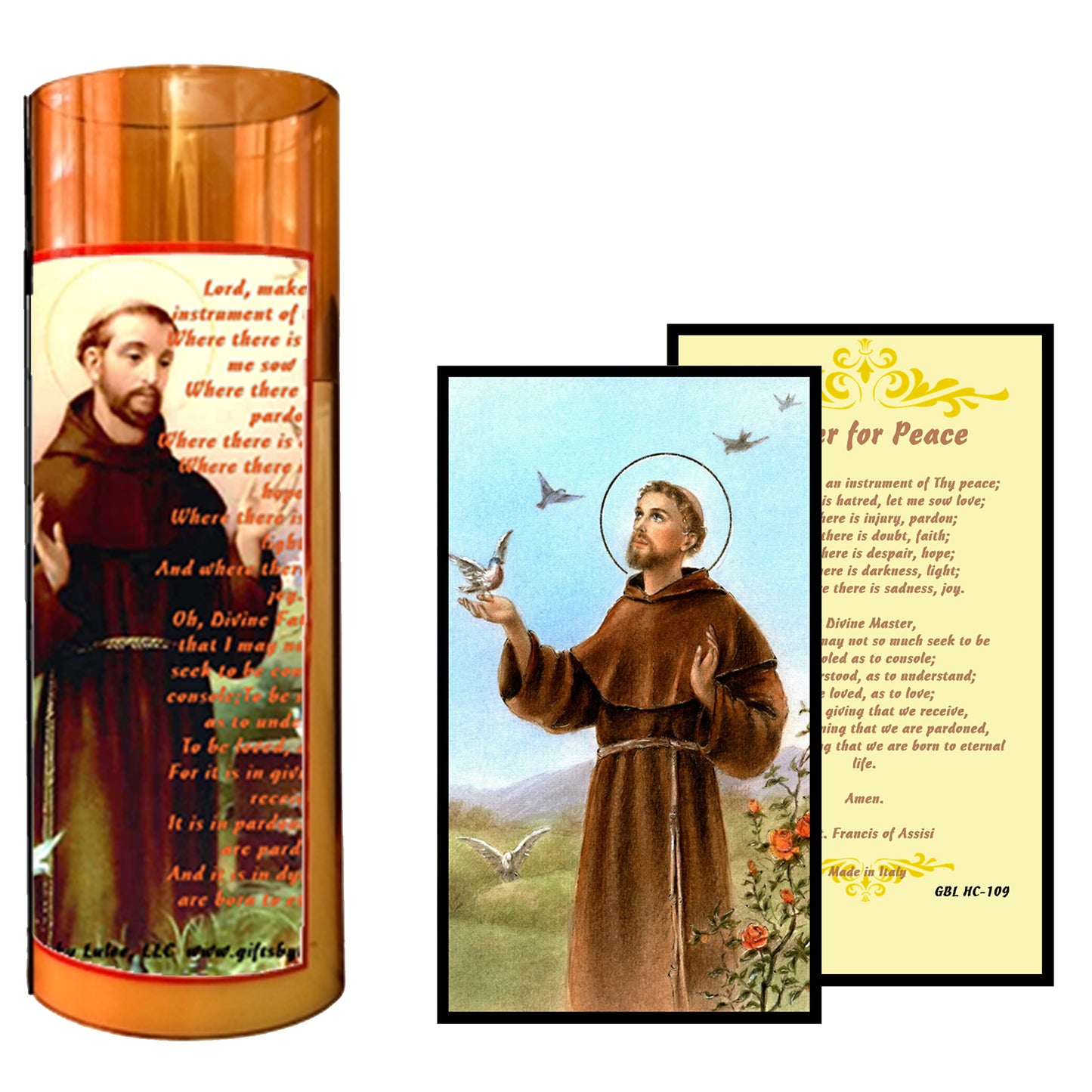 Saint Francis LED Acrylic Pillar Candle with Flickering Flame Battery Operated great for places where an open flame is not allowed hospitals nursing homes dorms-Batteries included