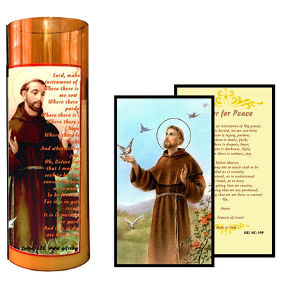 Saint Francis LED Acrylic Pillar Candle with Flickering Flame Battery Operated great for places where an open flame is not allowed hospitals nursing homes dorms-Batteries included