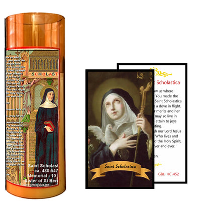 Saint Scholastica LED Acrylic Pillar Candle with Flickering Flame Battery Operated great for places where an open flame is not allowed hospitals nursing homes dorms-Batteries included