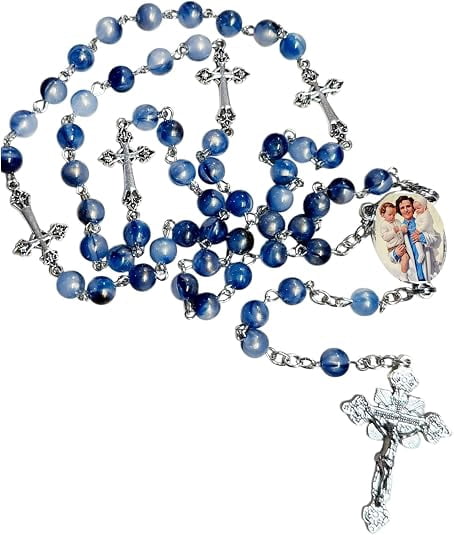 Saint Gianna Beretta Molla Pediatrician and Pro-Life Advocate Handcrafted Blue Crystal Rosary with Silver-Plated Crucifix, Color Image Centerpiece and Prayer Card