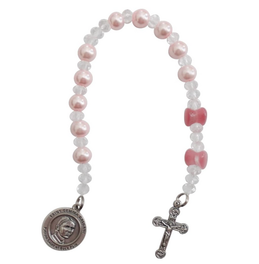 Gemma Galgani Patron of Those with Back Pain Pink Crystal Round and Hourglass Mauve Beads Chaplet with Silver Plated Findings and Blessed Prayer Card