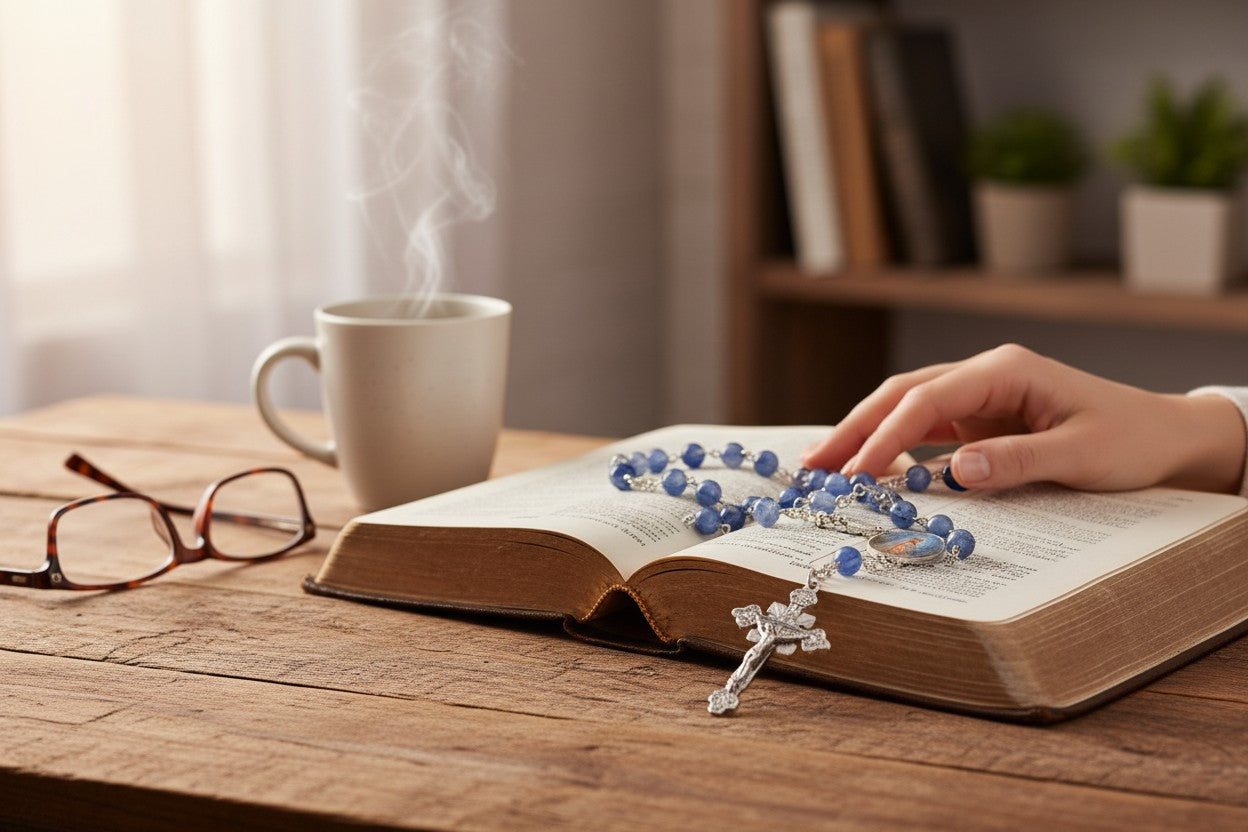 Saint Gianna Beretta Molla Pediatrician and Pro-Life Advocate Handcrafted Blue Crystal Rosary with Silver-Plated Crucifix, Color Image Centerpiece and Prayer Card