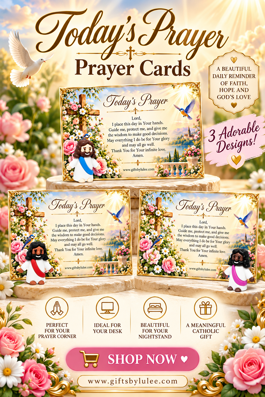 Catholic Daily Prayer Card with Mini Jesus Figurine – Today's Prayer Christian Gift Set, Inspirational Religious Desk Decor, Morning Prayer Keepsake