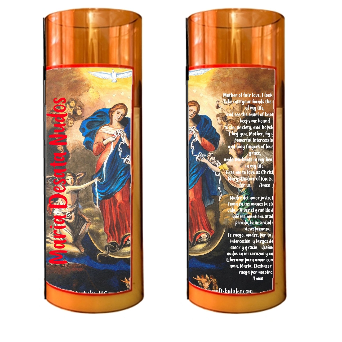 Our Lady of Knots La Virgen Desatanudos LED Acrylic Pillar Candle with Flickering Flame Battery Operated great for places where an open flame is not allowed hospitals nursing homes dorms-Batteries included