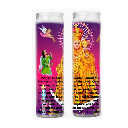 Our Lady of Good Health Our Lady of Vailankanni Two or four  Glass Candles  with  Prayer Card