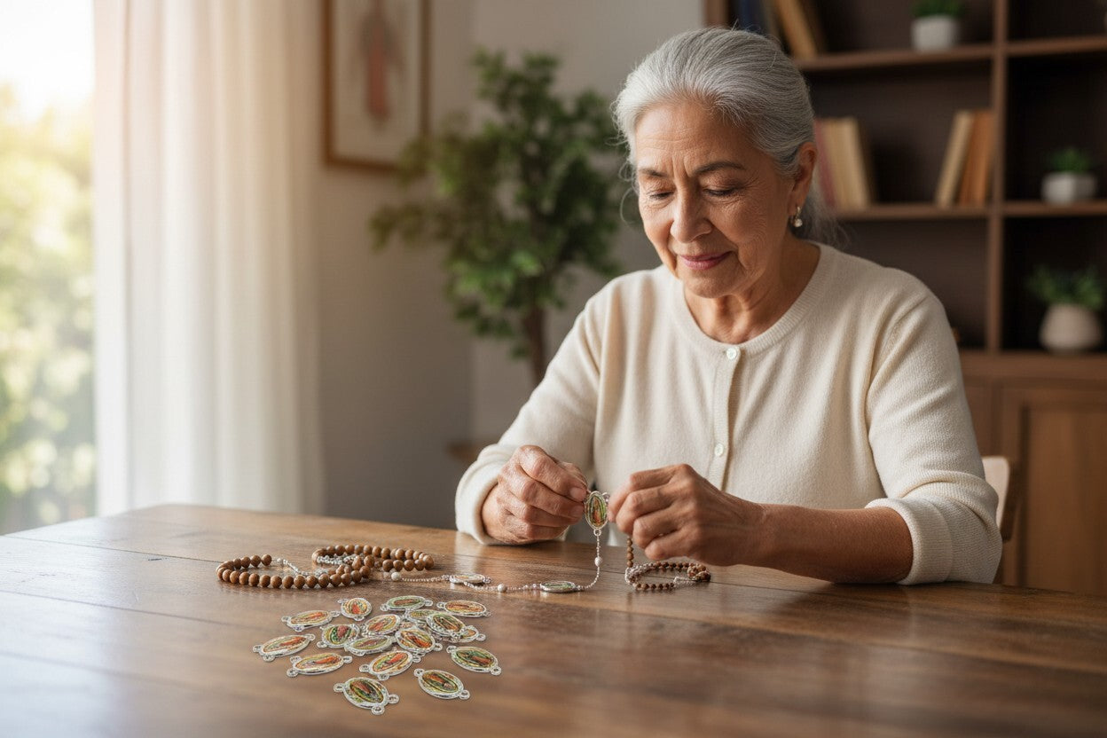 Our Lady of Guadalupe Rosary Centerpiece Rosary Parts with a Color Image