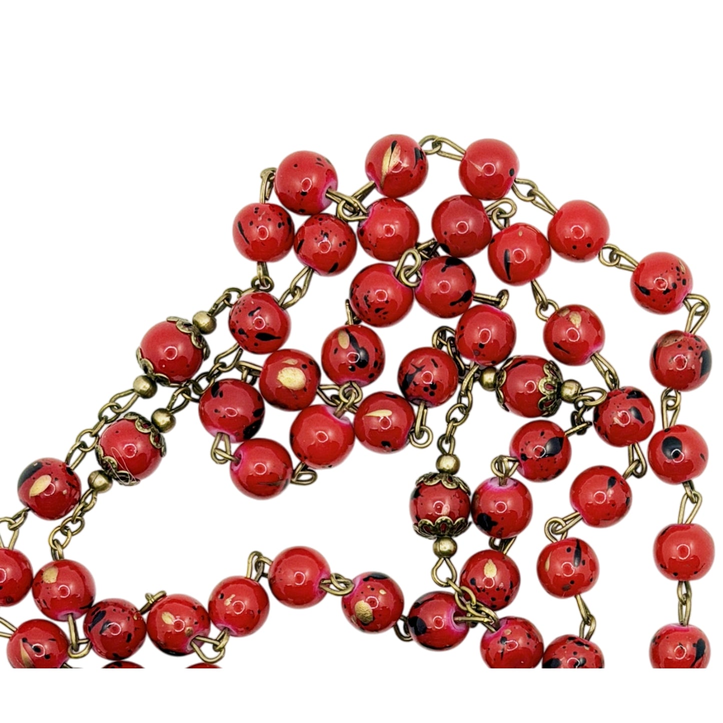 Saint Sebastian  Patron of Athletes Red Round Bead Rosary with Bronze findings and crucifix Bezel medal centerpiece with color image includes a prayer card english or spanish