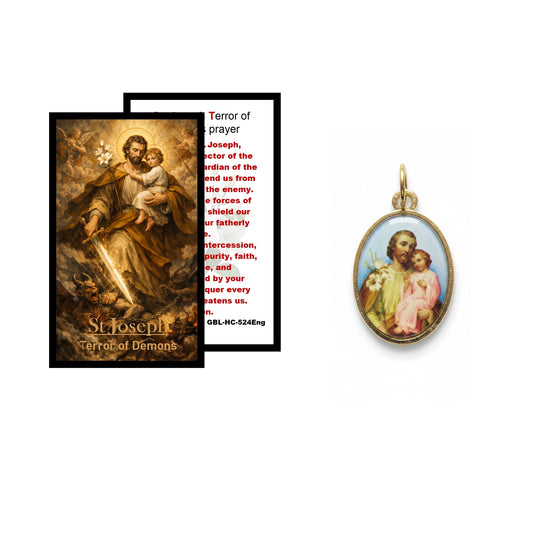 Saint Joseph “Terror of Demons” prayer card and medal set featuring vivid artwork of St Joseph with Child Jesus and lily, includes protective prayer, perfect devotional gift for home or travel