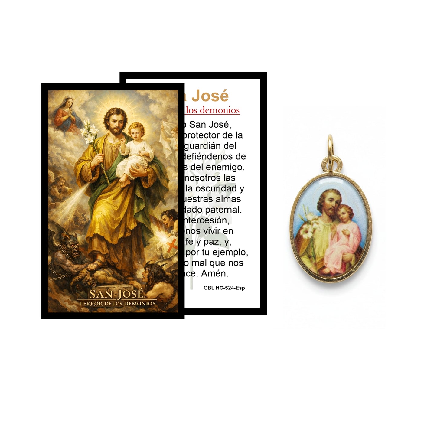 Saint Joseph “Terror of Demons” prayer card and medal set featuring vivid artwork of St Joseph with Child Jesus and lily, includes protective prayer, perfect devotional gift for home or travel