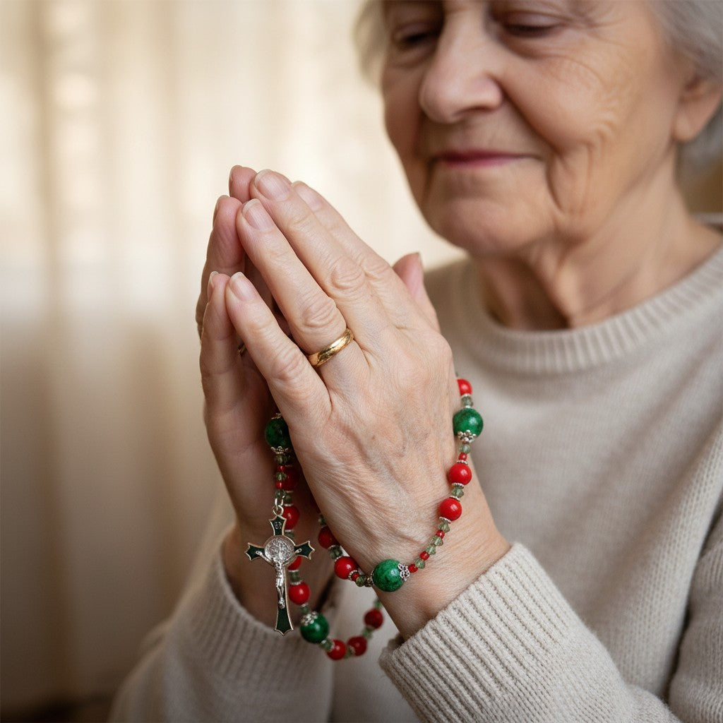 Stunning Hand Made Red and Green Glass Bead Rosary with Our Lady of Guadalupe Centerpiece