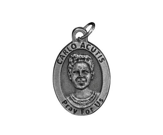 Blessed Carlo Acutis Servant of God Silver Oxidized Medal Laminated Italian Holy Card and Stainless Steel Chain sold as a set or separately